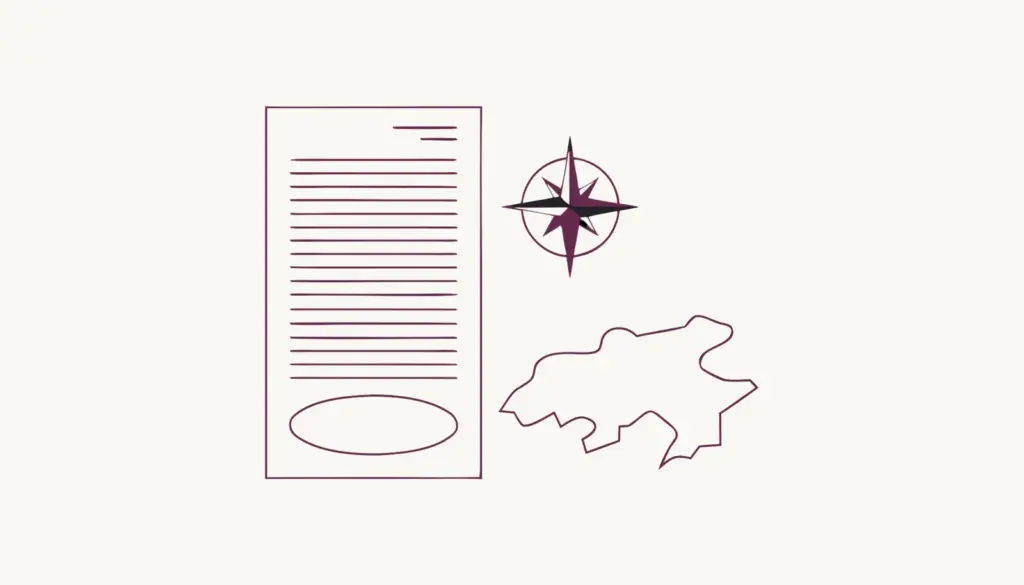 Linienillustration: Registerdokument mit Siegelfeld neben Kompass und Inselumriss als Sinnbild für eine Lizenz aus Malta