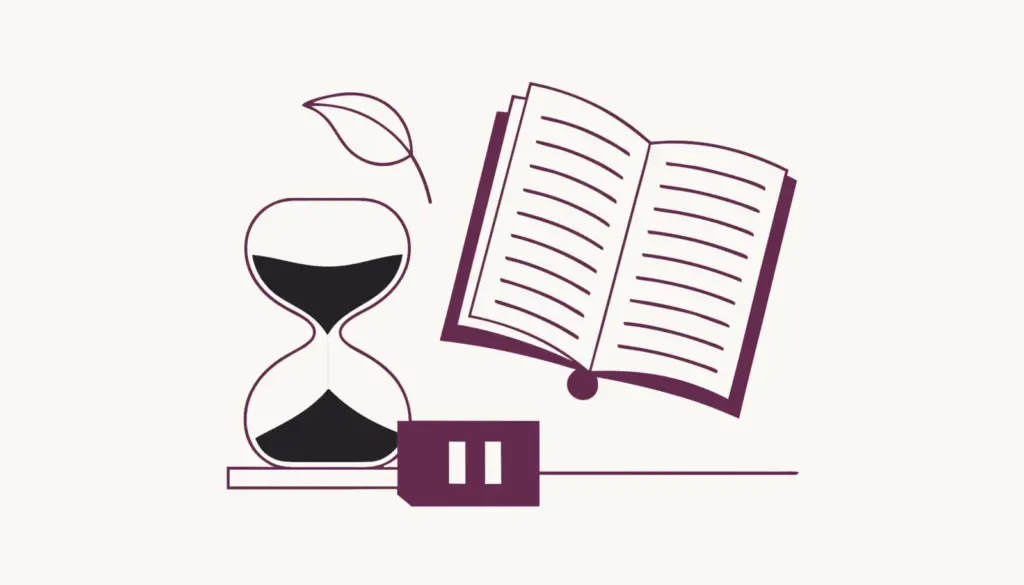Linienillustration: Sanduhr, Pausenschalter und offenes Notizbuch als Sinnbild für Limits und Spielpausen